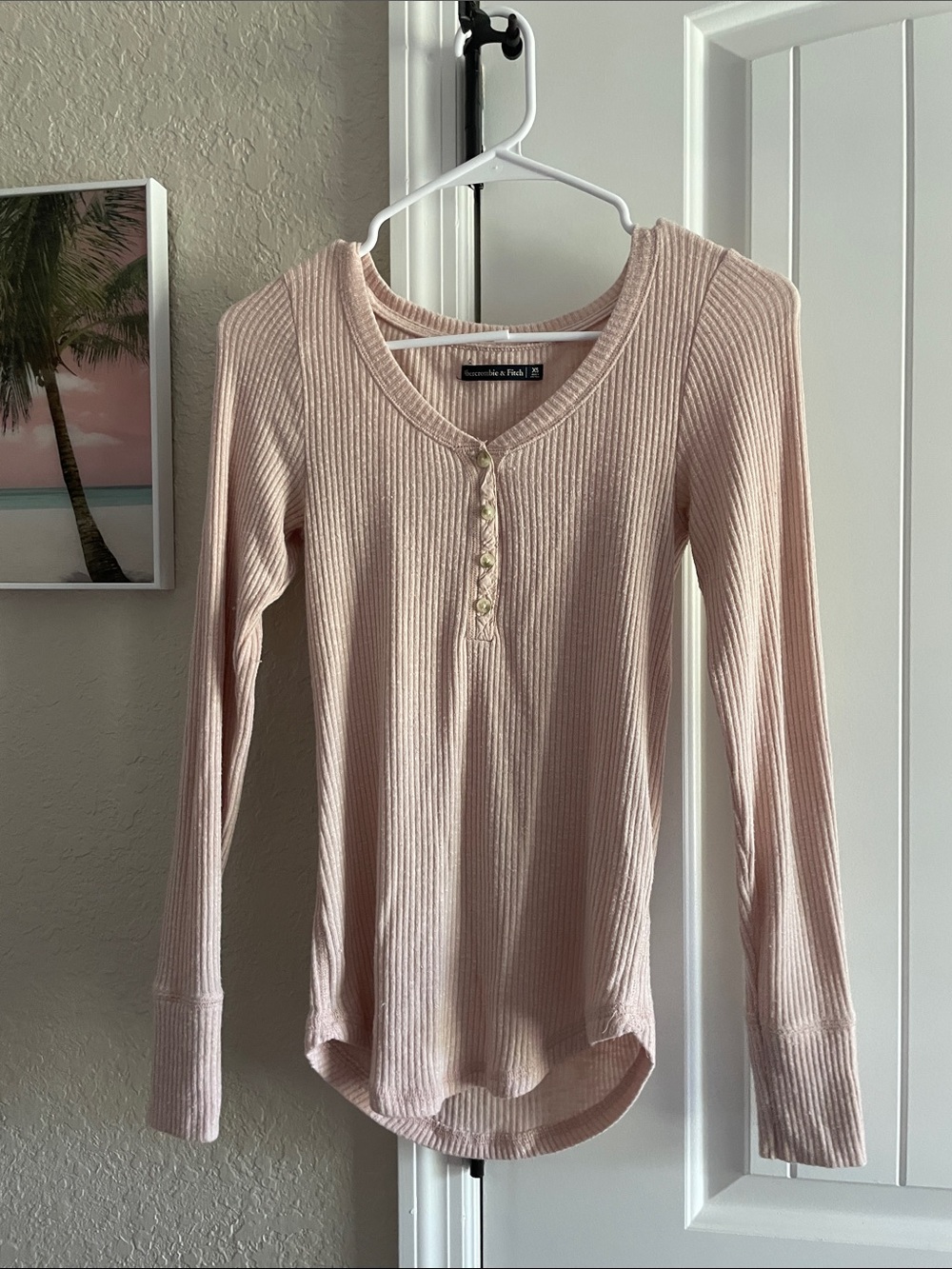 Abercrombie & Fitch Light Pink Ribbed Henley Long Sleeve Top